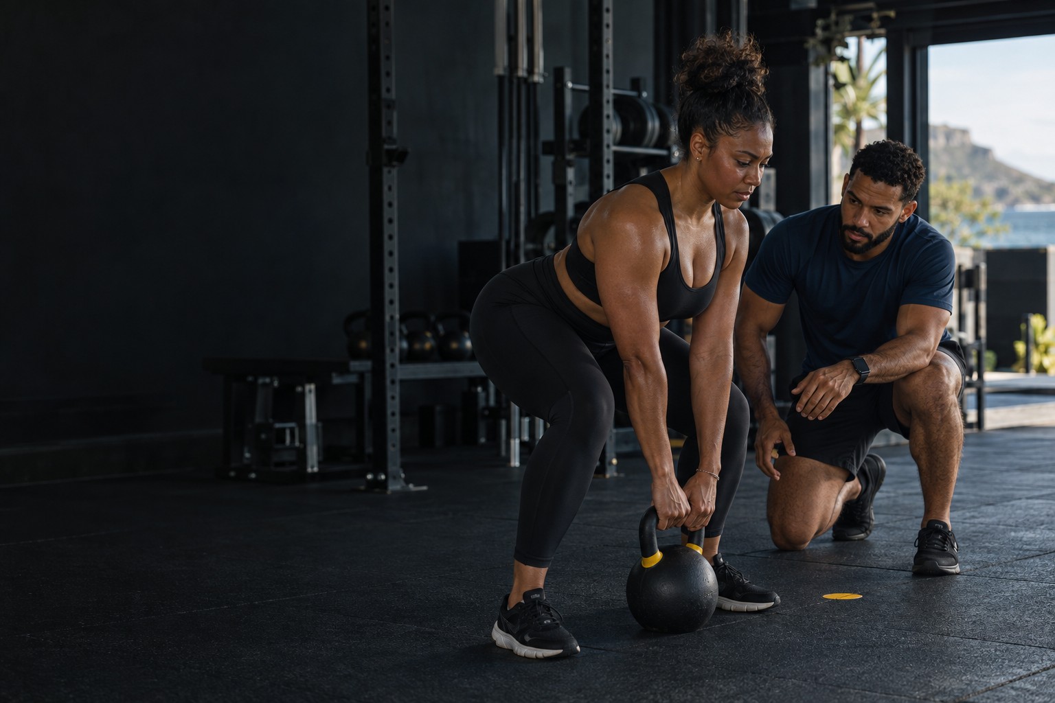 Personal coach guiding a kettlebell exercise
