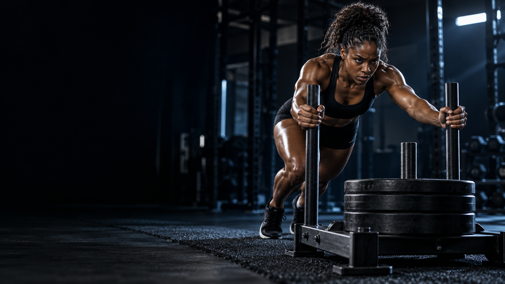 Athlete pushing a weighted sled in a gym