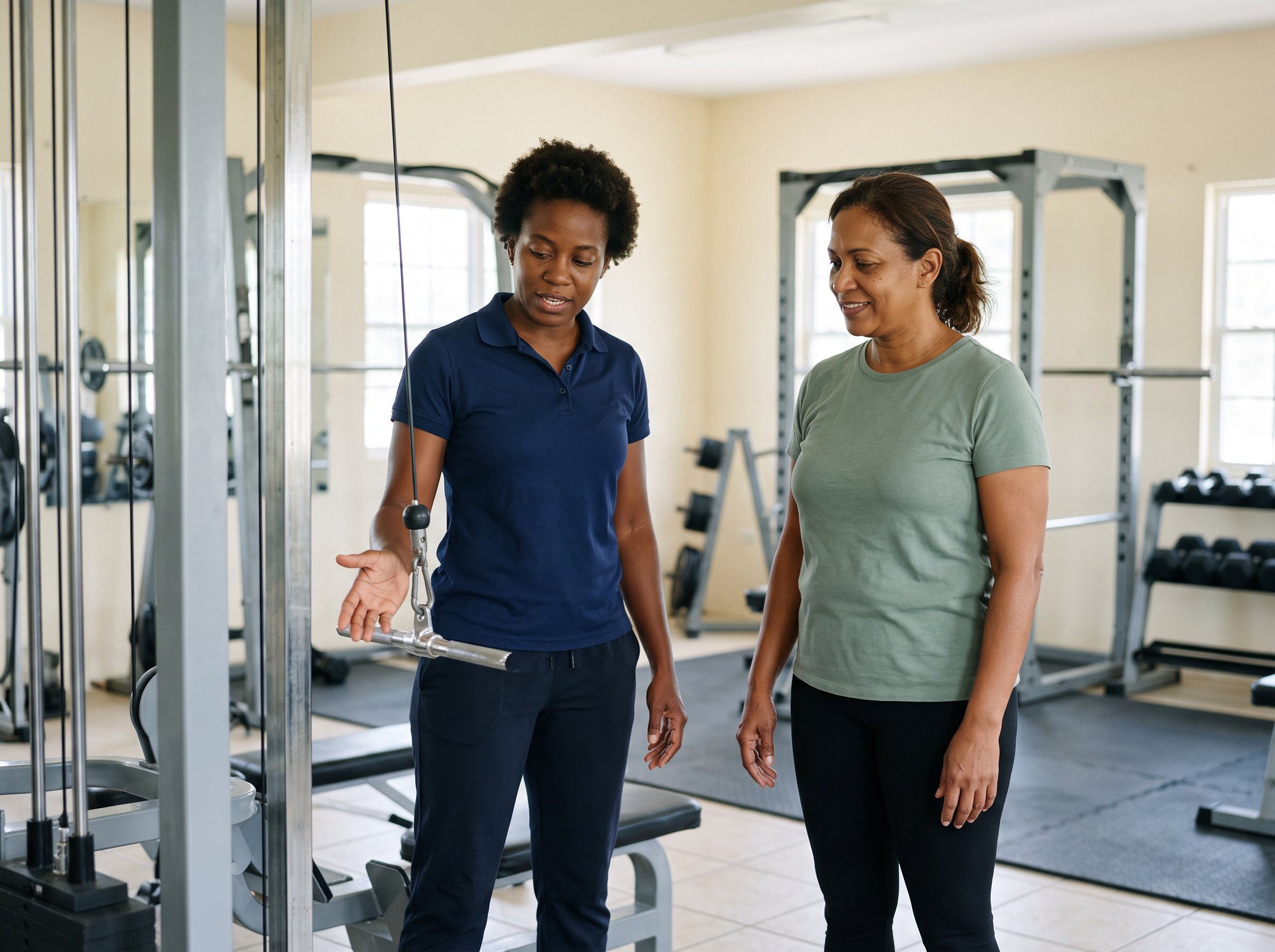 Coach explaining a cable machine exercise to a client