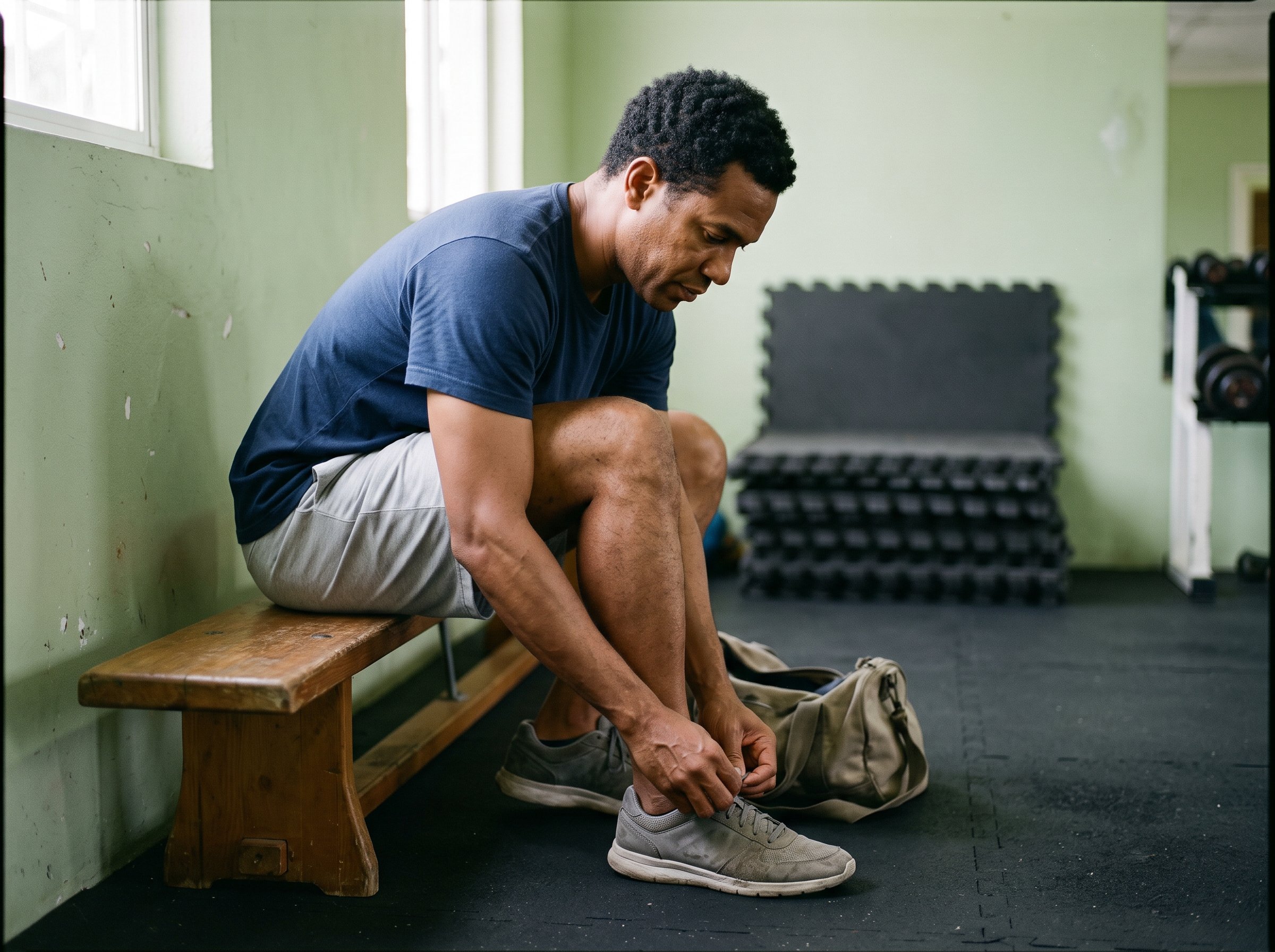 Man tying his training shoe before a gym session