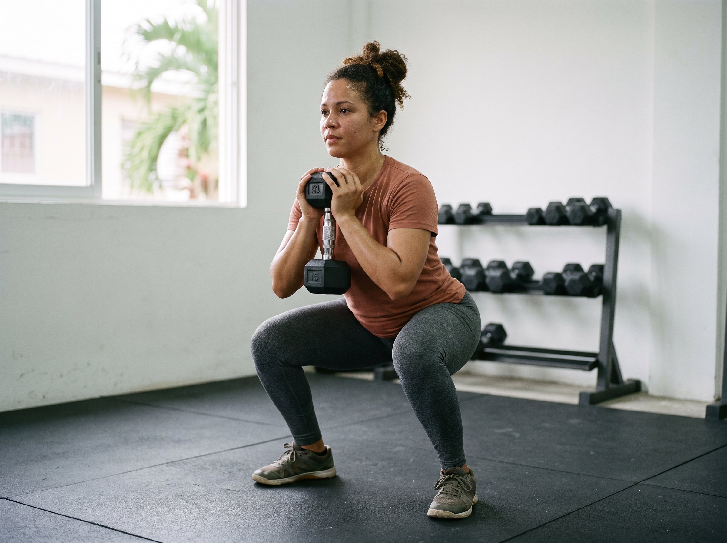 Woman practising a dumbbell goblet squat